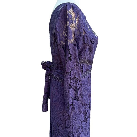 Adrianna Papell Womens Glam Purple Illusion Lace Beaded Waist Long Sleeve Gown - Picture 13 of 15